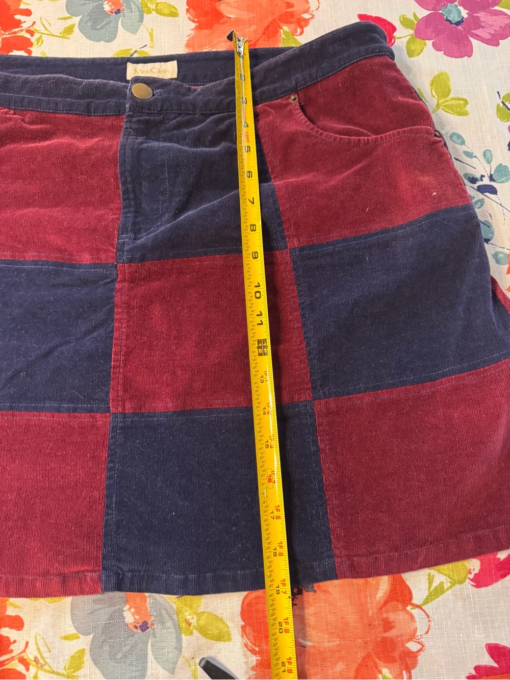 ModCloth Patchwork Corduroy Mini Skirt Burgundy Navy Colorblock XL Retro C3 - Picture 7 of 10